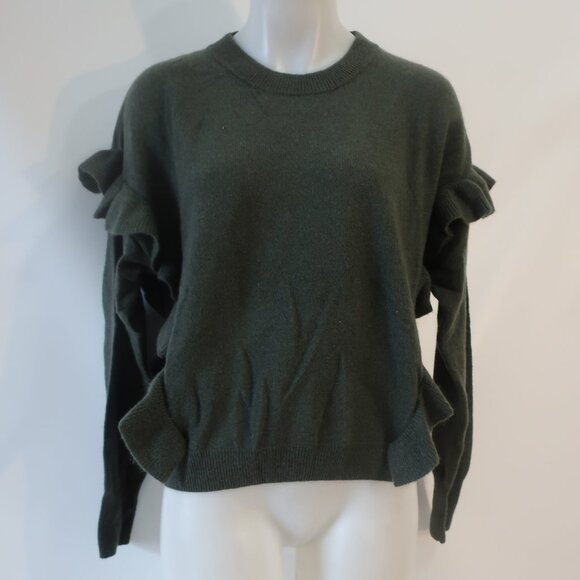 NWT Womens Crush Ribbed Durban Pure Cashmere Ruffle Khaki Green Sweater 1 US/S - Picture 3 of 13
